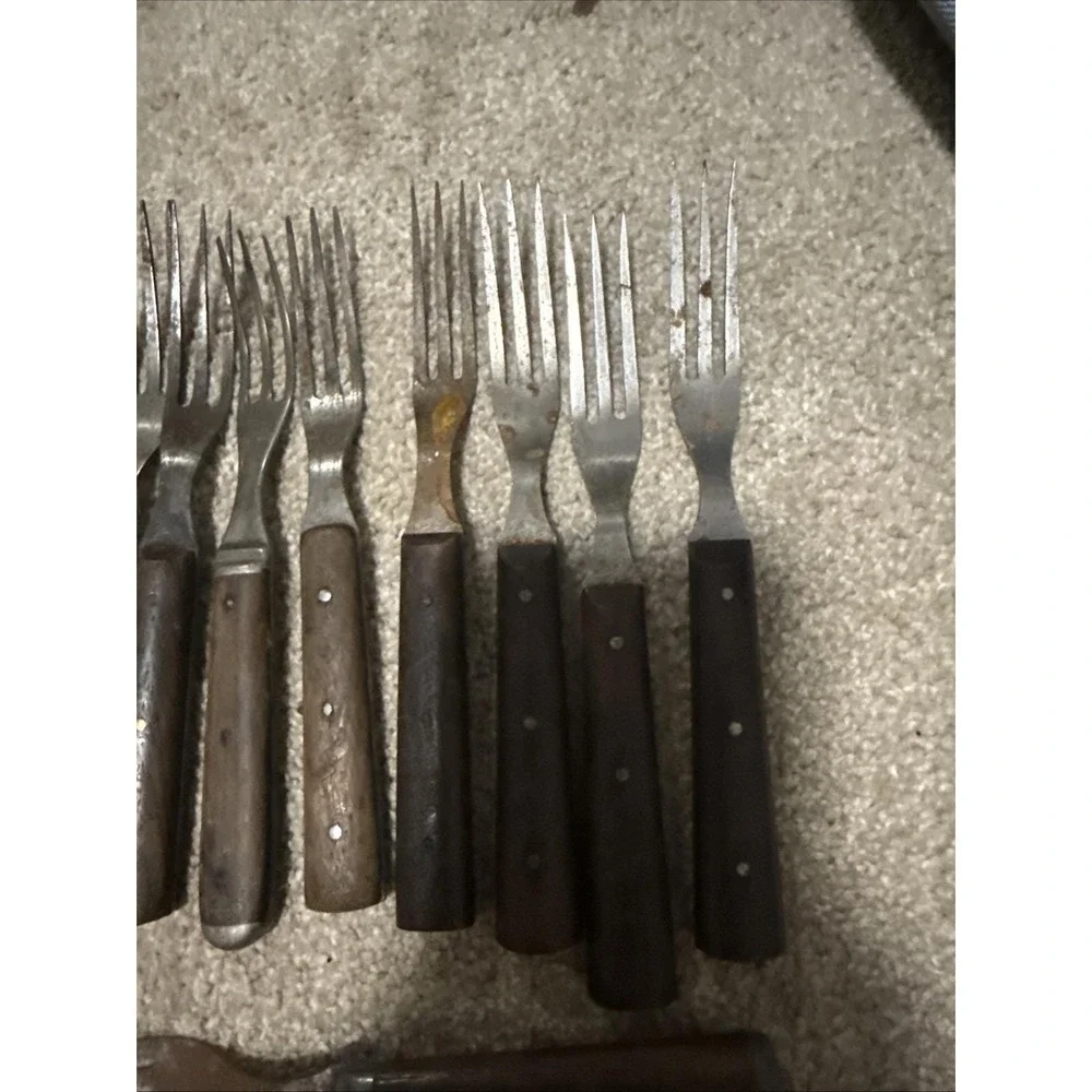 Antique 28 Forks Knives Civil War‎ 1800s Wood Bone Handles Primitive Reenactment